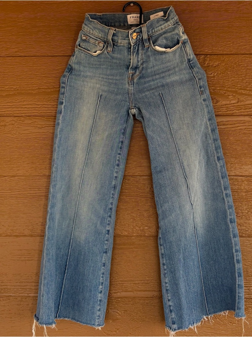 Frame Denim Light Blue Flare Jeans with Center Creases